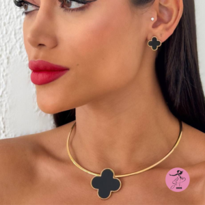 Conjunto Aro Inspiraçao Resinada folheado a Ouro 18k ( Preto)