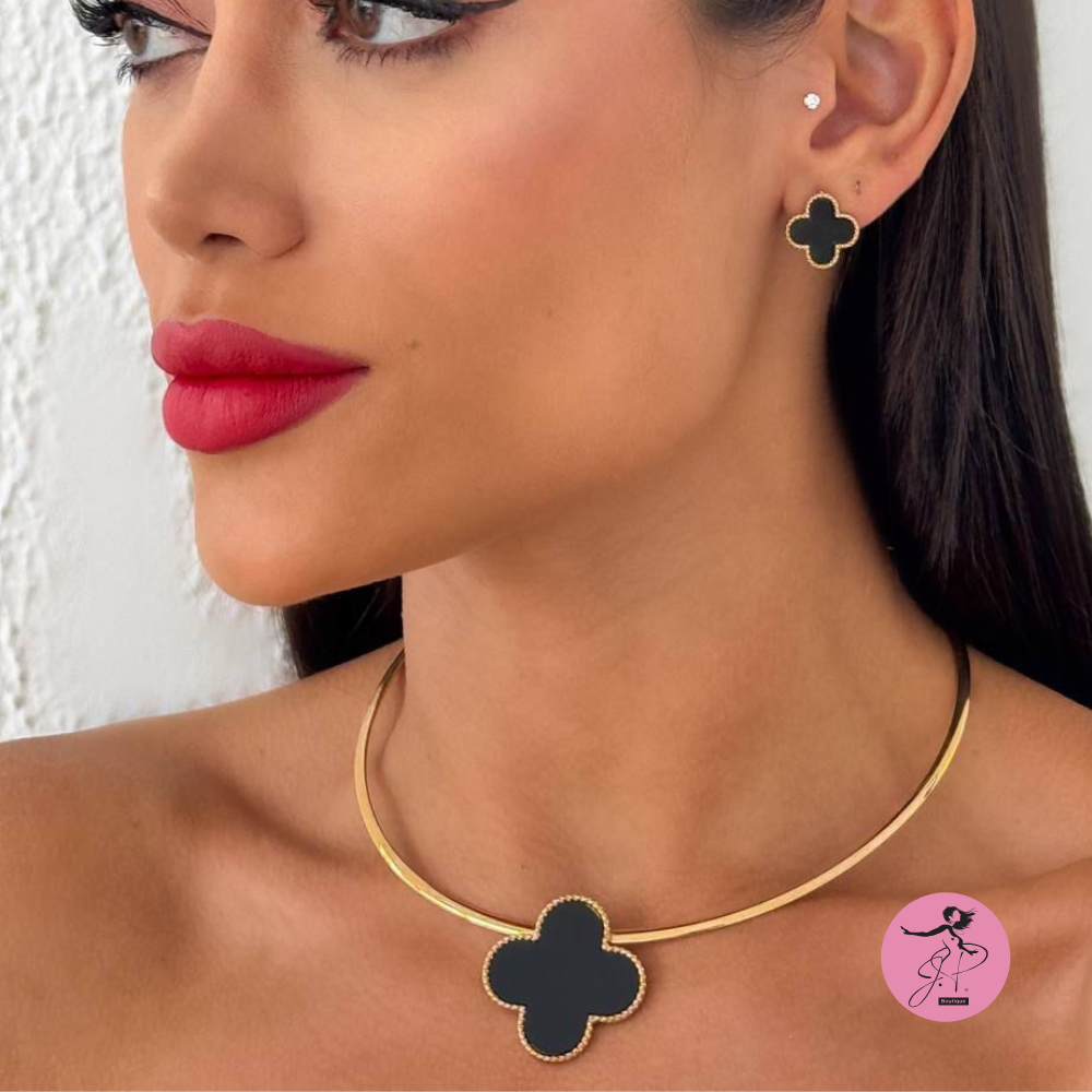 Conjunto Aro Inspiraçao Resinada folheado a Ouro 18k ( Preto)