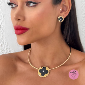 Conjunto Aro Inspiraçao Resinada folheado a Ouro 18k ( Preto)