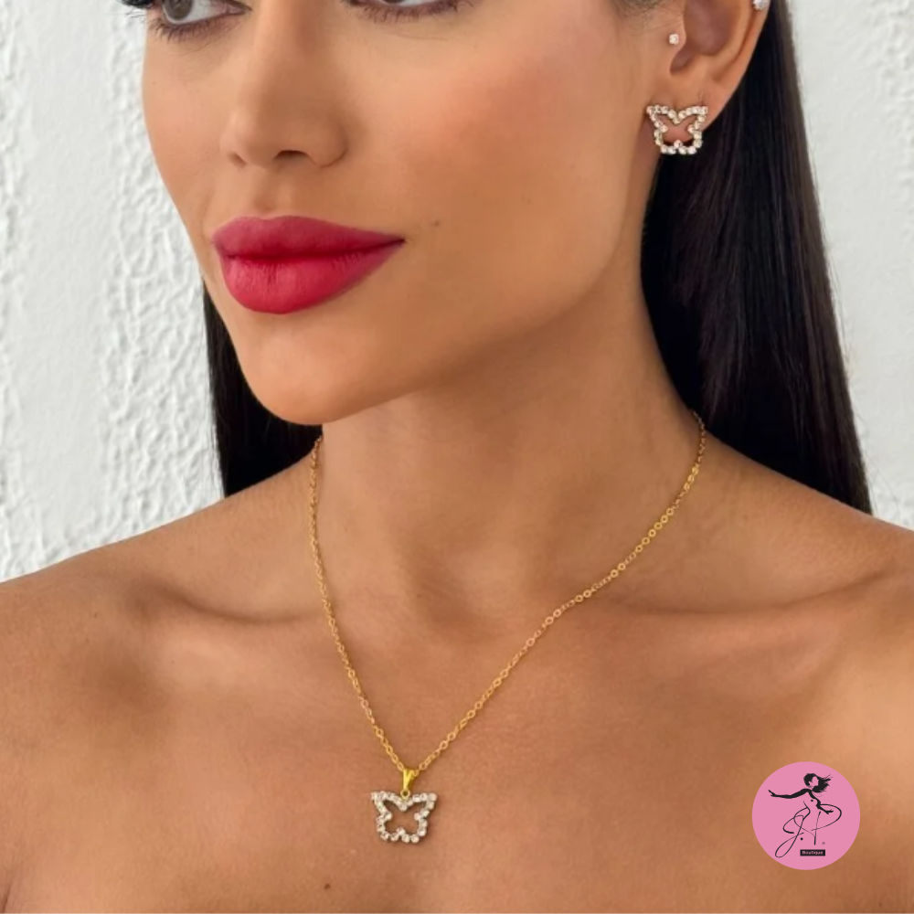 Conjunto Borboleta Vazada c/Zirconia folheado a Ouro